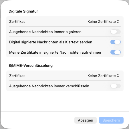 The digital signature settings dialog in German, but the button to close the dialogue is instead labelled 'Absagen', as in to cancel an appointment, not a settings dialogue.